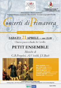 Ancora una volta sono a invitarvi ad un concerto. Questa volta L’organo Nasoni e Gandini della Chiesa di Civello non sarà il protagonista, bensì una curiosa ensemble di strumenti (Violini, Flauti, Contrabbasso, Violoncello e Clavicembalo) per una serata in stile Barocco con l’esecuzione della monumentale Suite n. 2 di J.S. Bach L’appuntamento è per sabato 21 Aprile alle 21.00 nella Chiesa di Civello. Allego la locandina e il programma. Ingresso libero, come sempre. LA serata è organizzata dalla rinomata Scuola di Musica di Villa Guardi